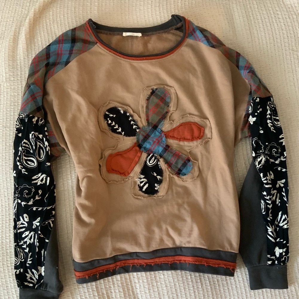 Vintage 80s Y2K Easel Patchwork Hippie Flower Long Sleeve Shirt Top Sweater